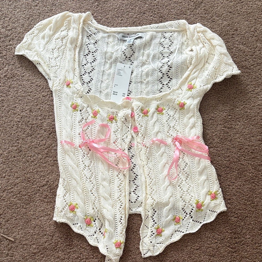 Urban Outfitters bow and floral Cream Cardigan with Pink Accents